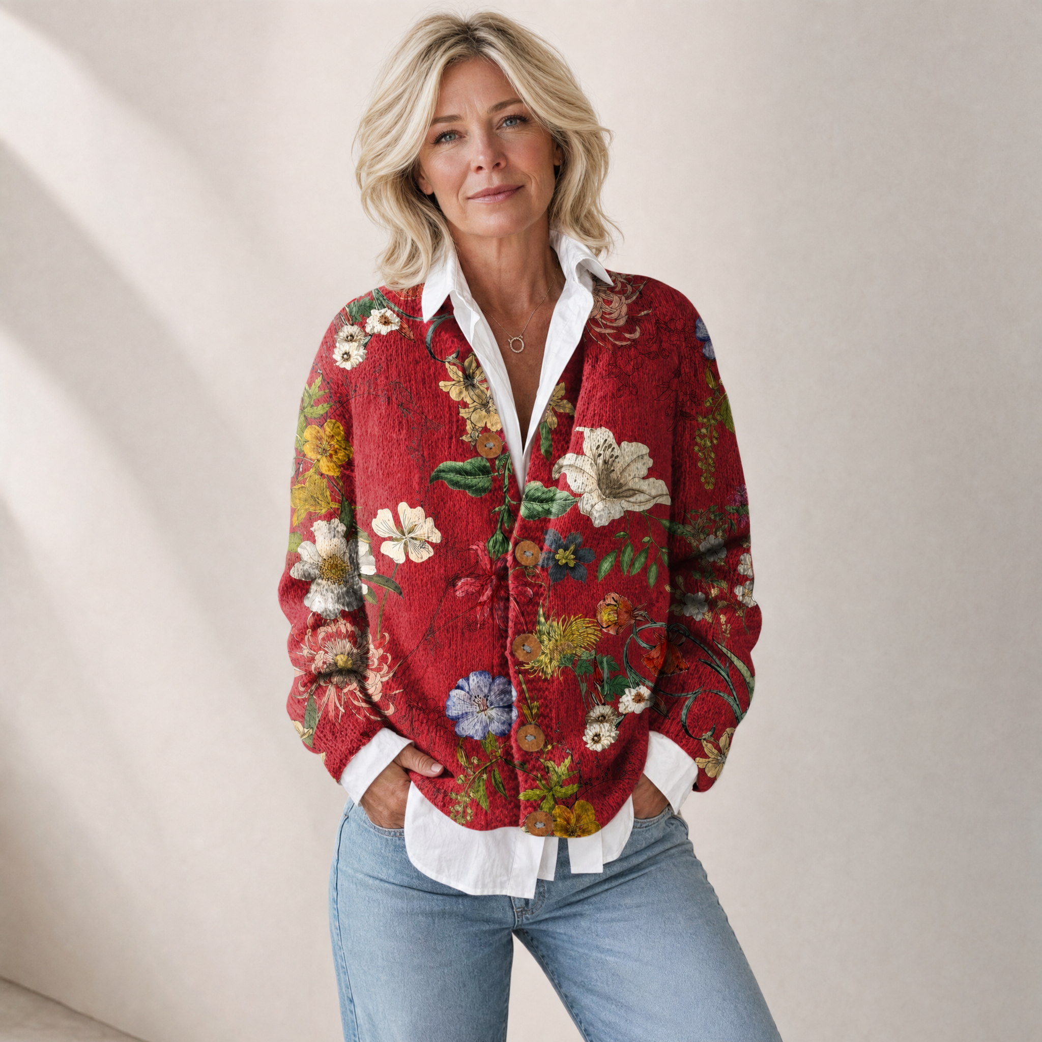 Women's Floral Long Cardigan – Vintage Knit Open-Front Sweater