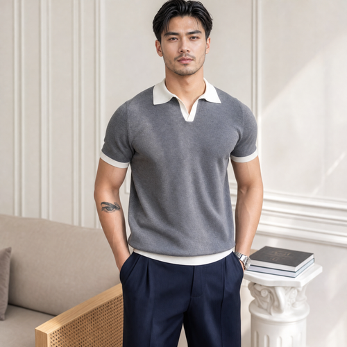 Men's Knitted Polo Shirt | Ribbed Cuffs, Classic Fit