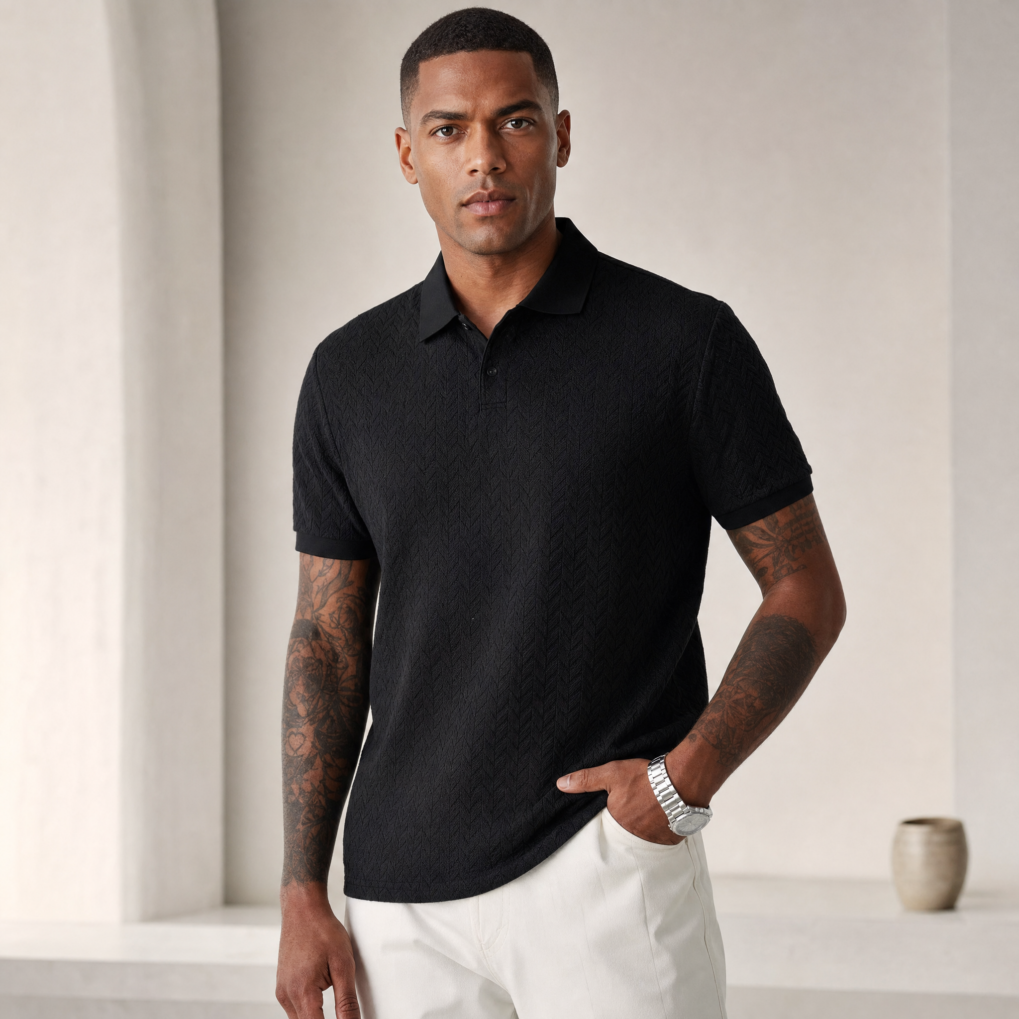 Men's Polo Shirt | Chevron Knit Texture, Smart-Casual