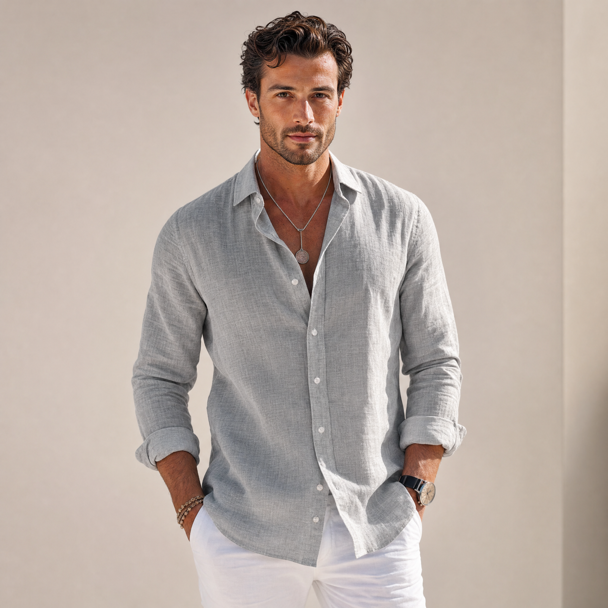 Men's Linen Shirt | Long-Sleeve Classic-Collar Button-Front