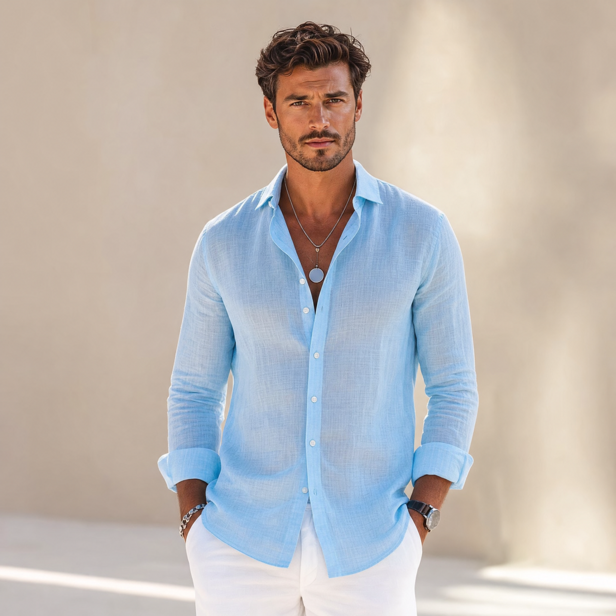 Men's Linen Shirt | Long-Sleeve Classic-Collar Button-Front
