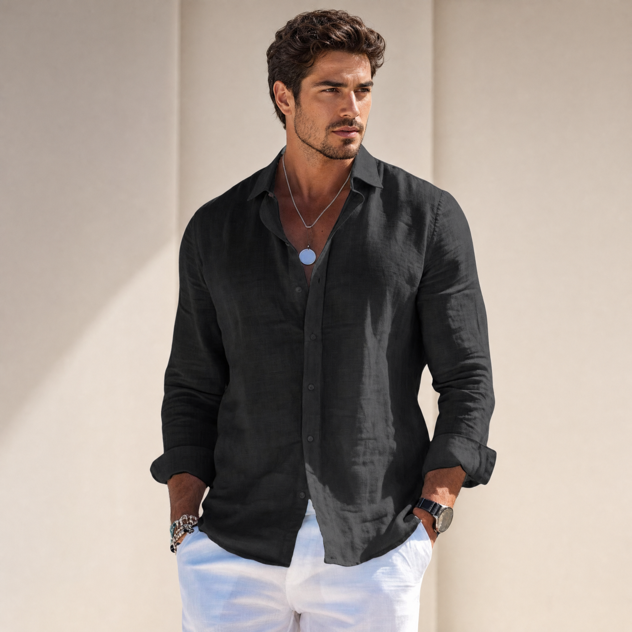 Men's Linen Shirt | Long-Sleeve Classic-Collar Button-Front