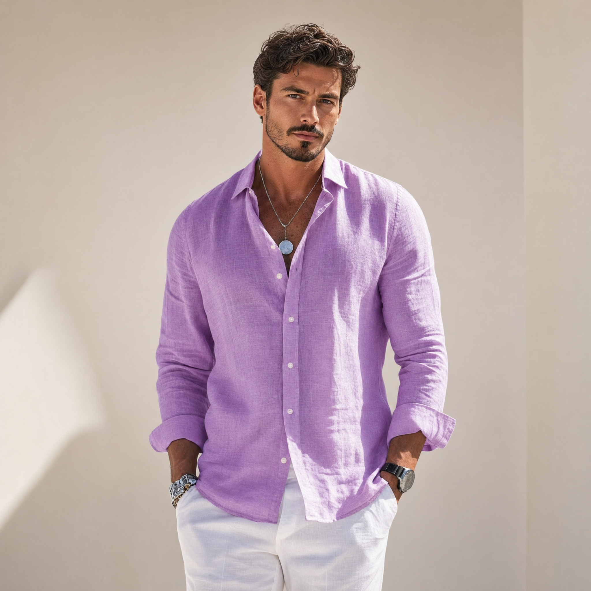 Men's Linen Shirt | Long-Sleeve Classic-Collar Button-Front
