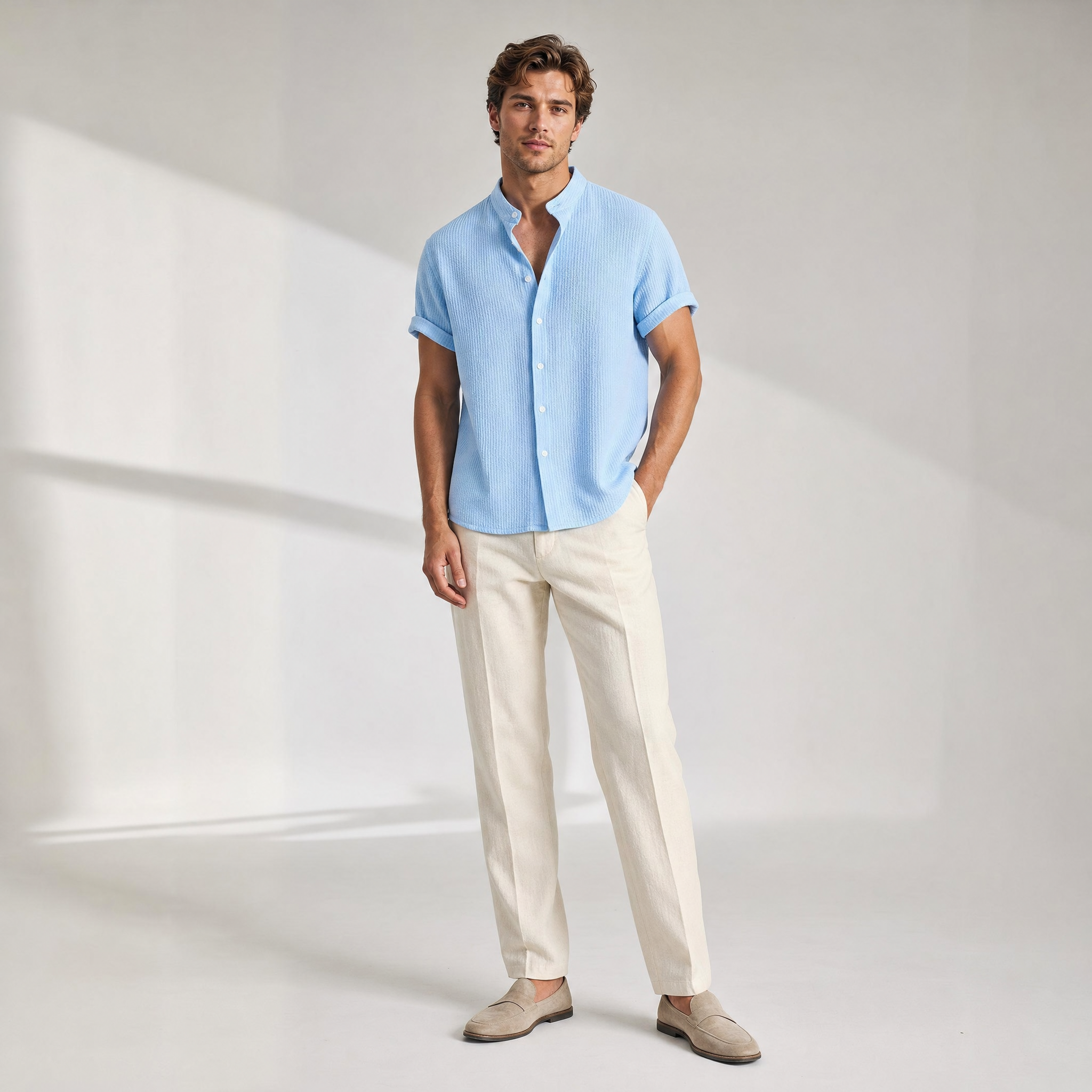 Men's Seersucker Shirt | Mandarin Collar, Lightweight