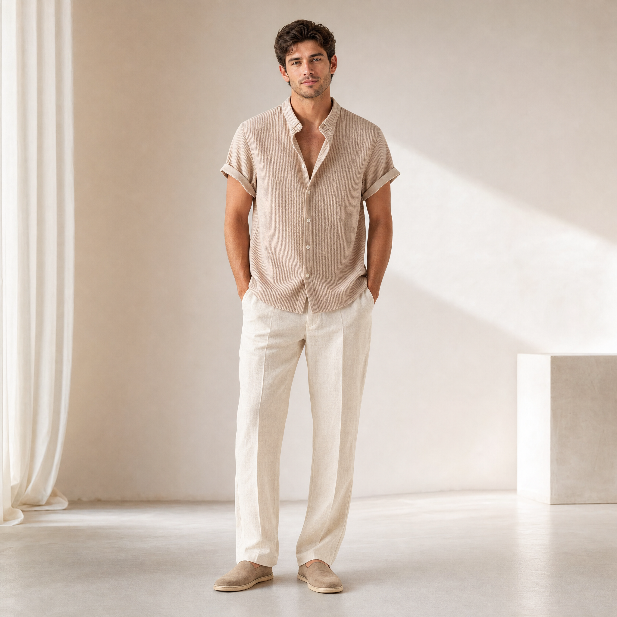 Men's Seersucker Shirt | Mandarin Collar, Lightweight