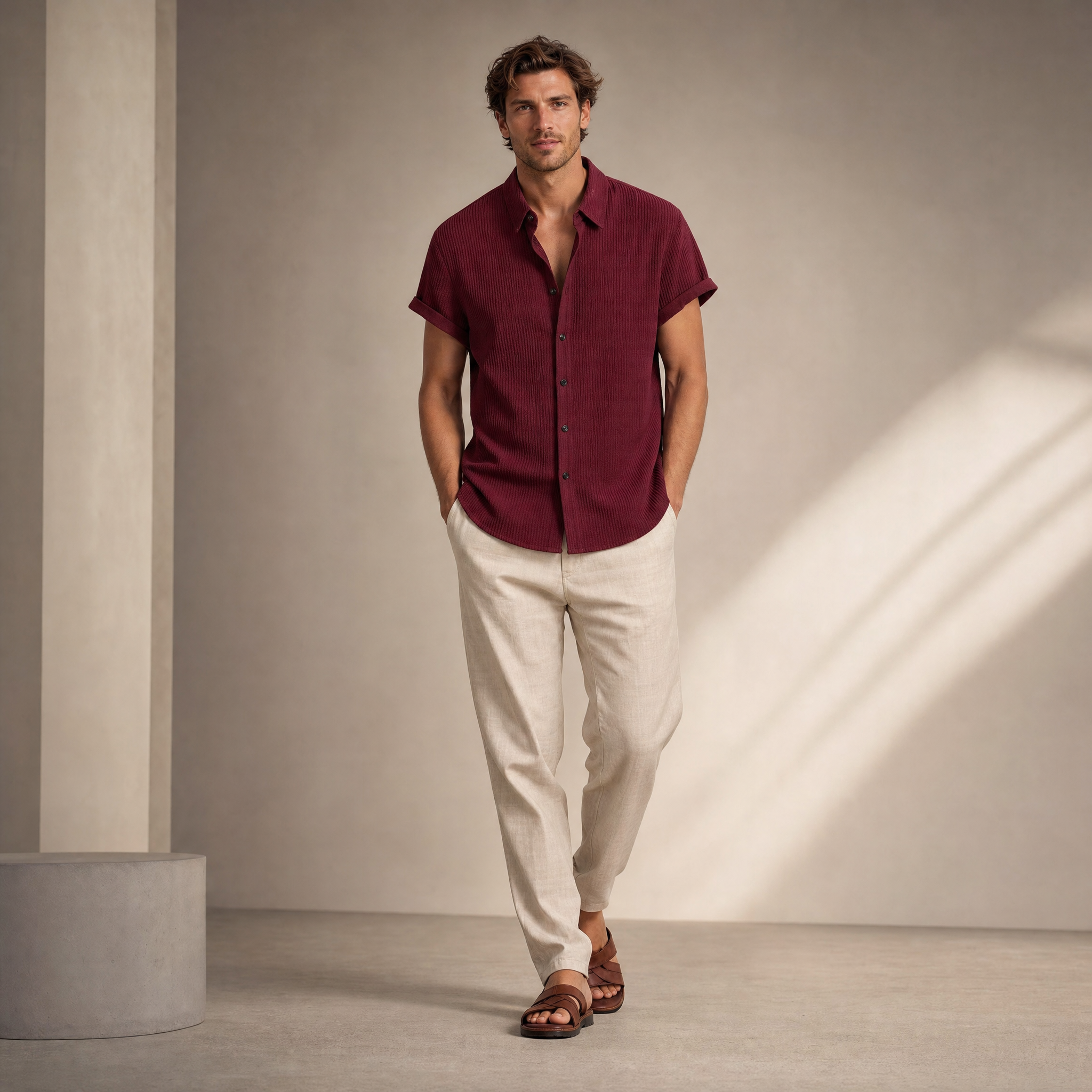 Men's Seersucker Shirt | Mandarin Collar, Lightweight