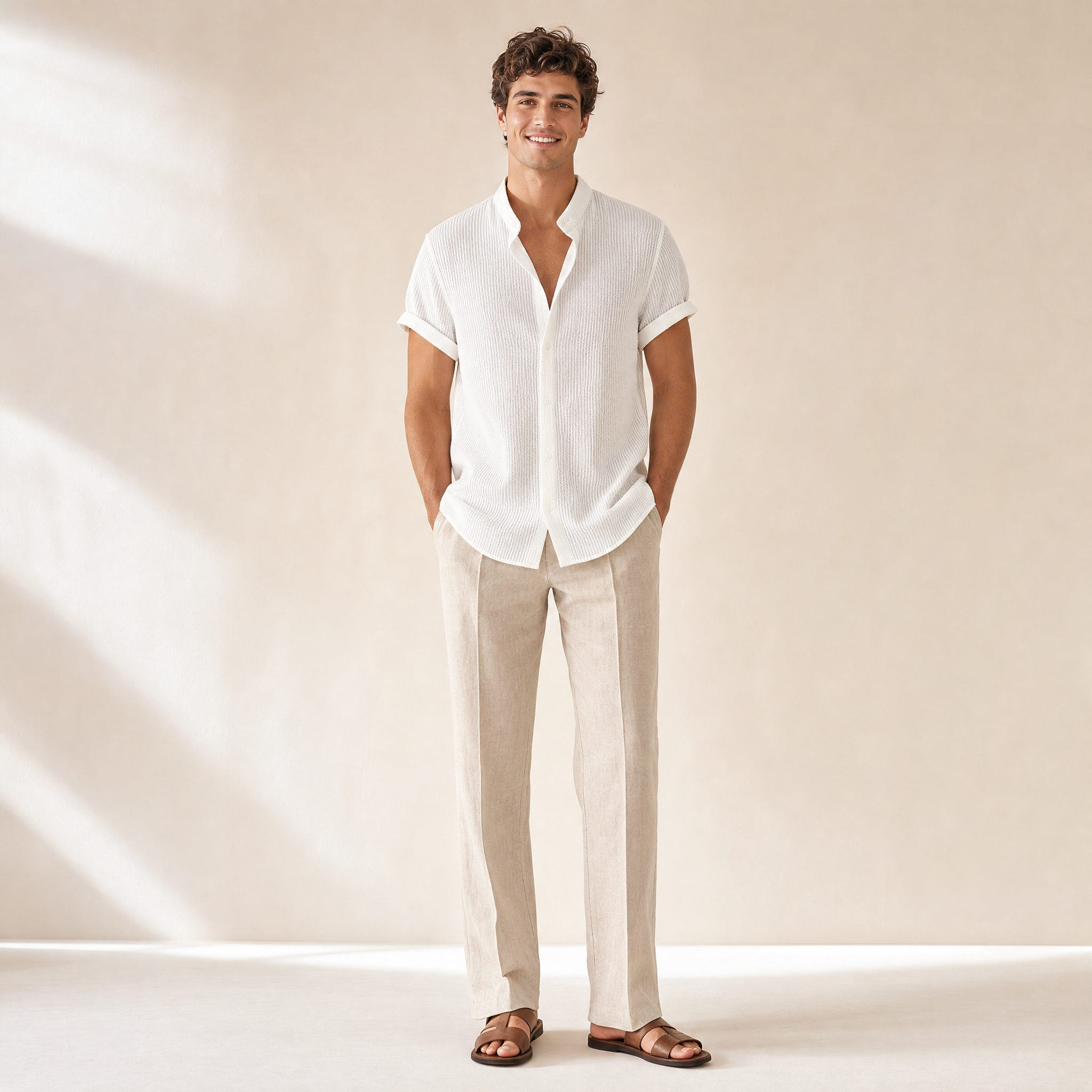 Men's Seersucker Shirt | Mandarin Collar, Lightweight