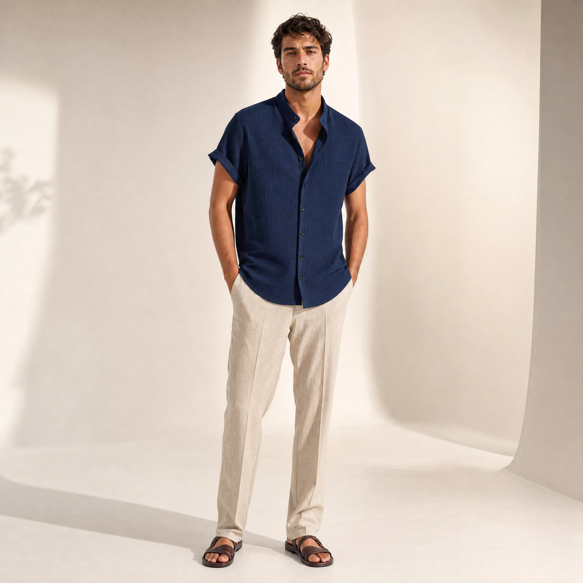 Men's Seersucker Shirt | Mandarin Collar, Lightweight