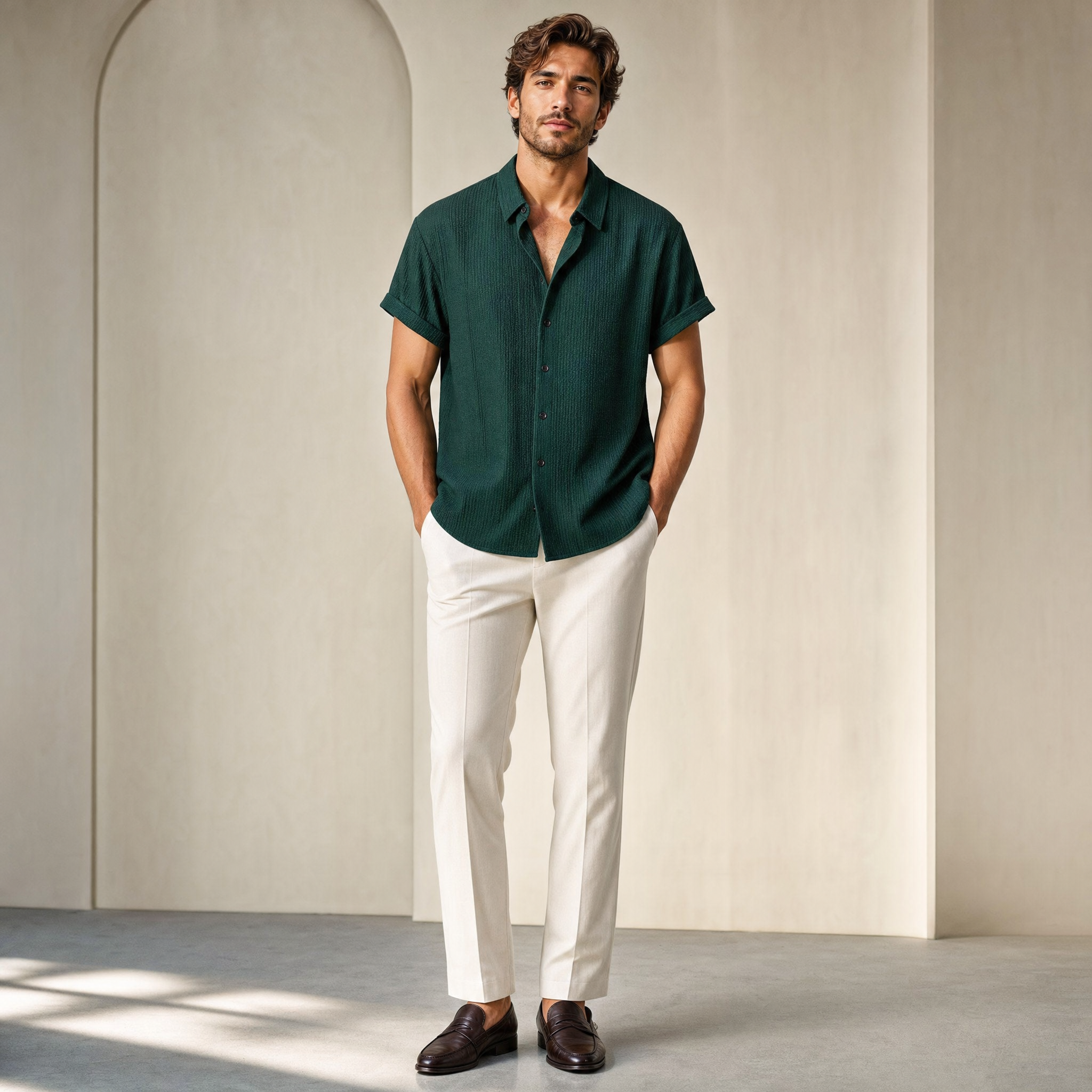 Men's Seersucker Shirt | Mandarin Collar, Lightweight