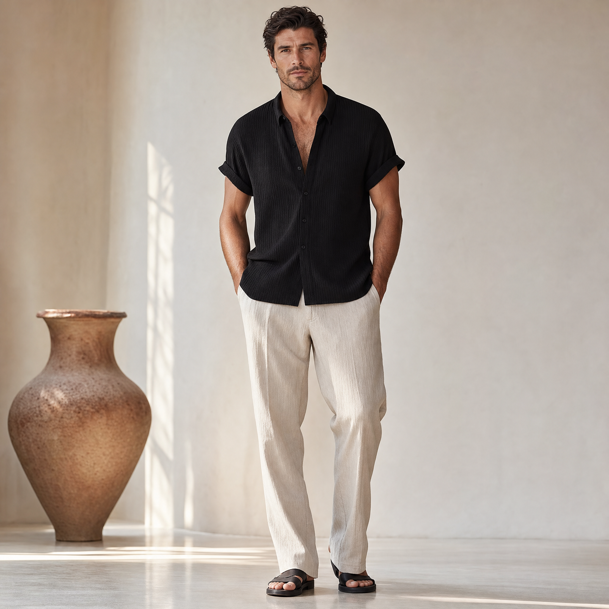 Men's Seersucker Shirt | Mandarin Collar, Lightweight