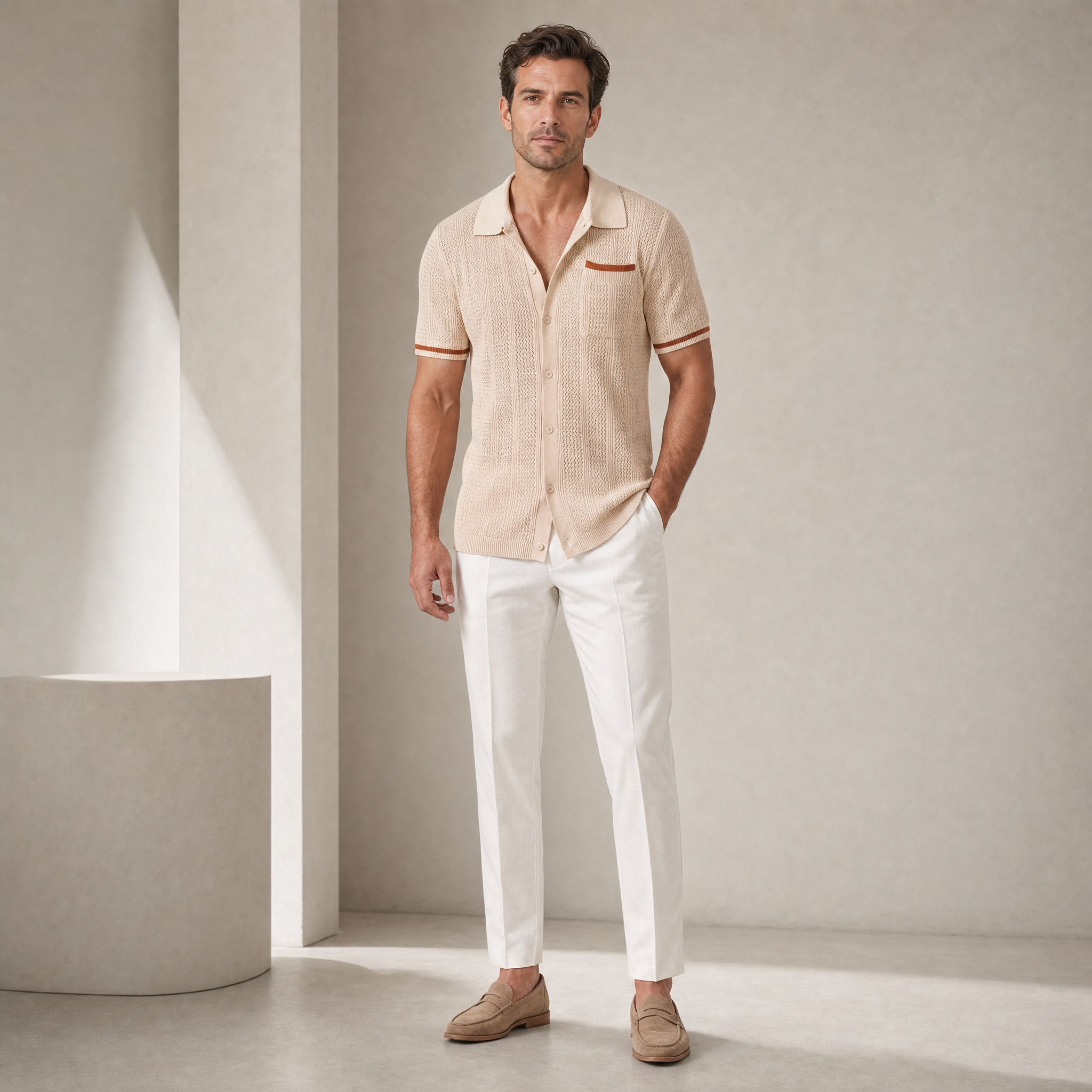 Men's Short-Sleeve Shirt | Openwork Camp-Collar Design