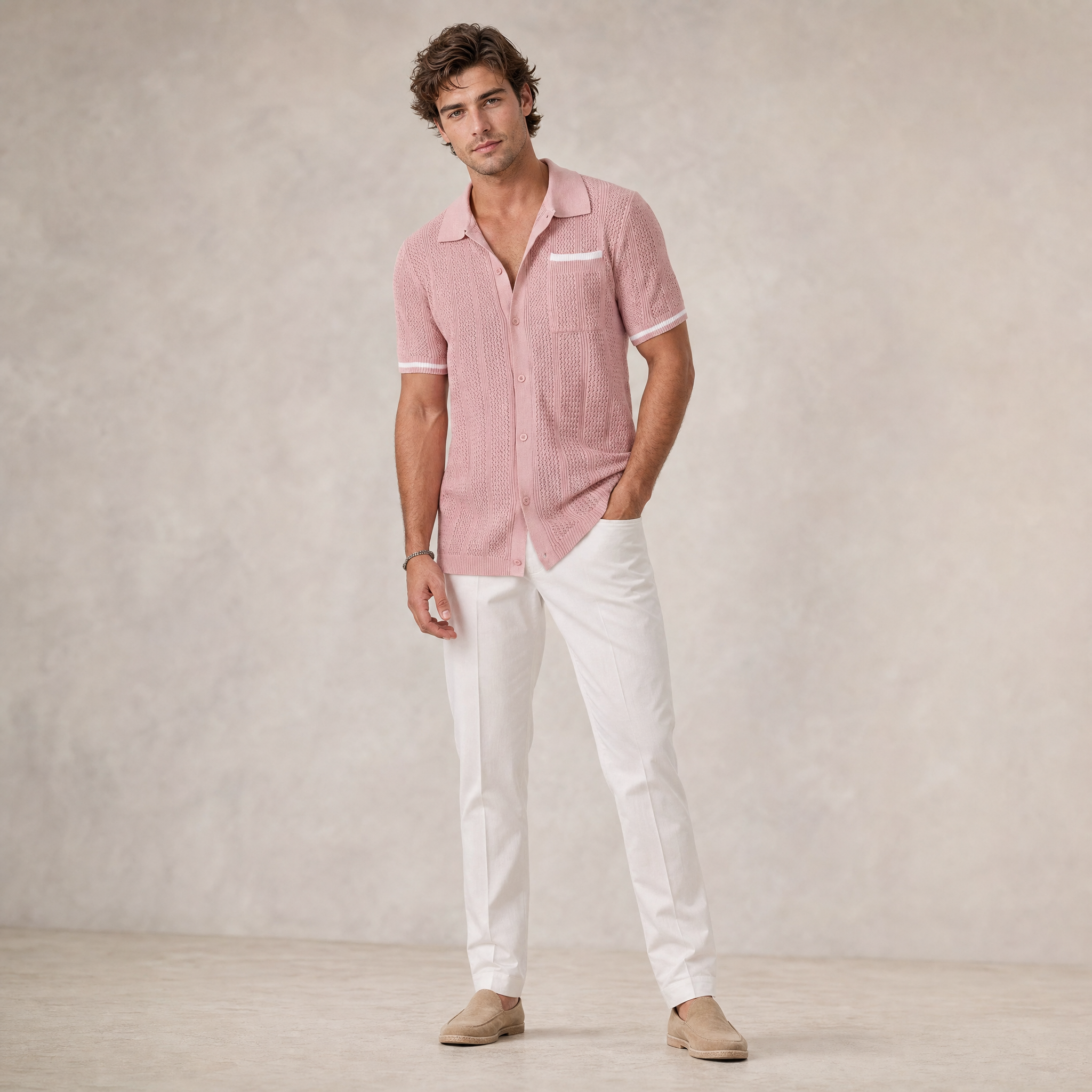 Men's Short-Sleeve Shirt | Openwork Camp-Collar Design