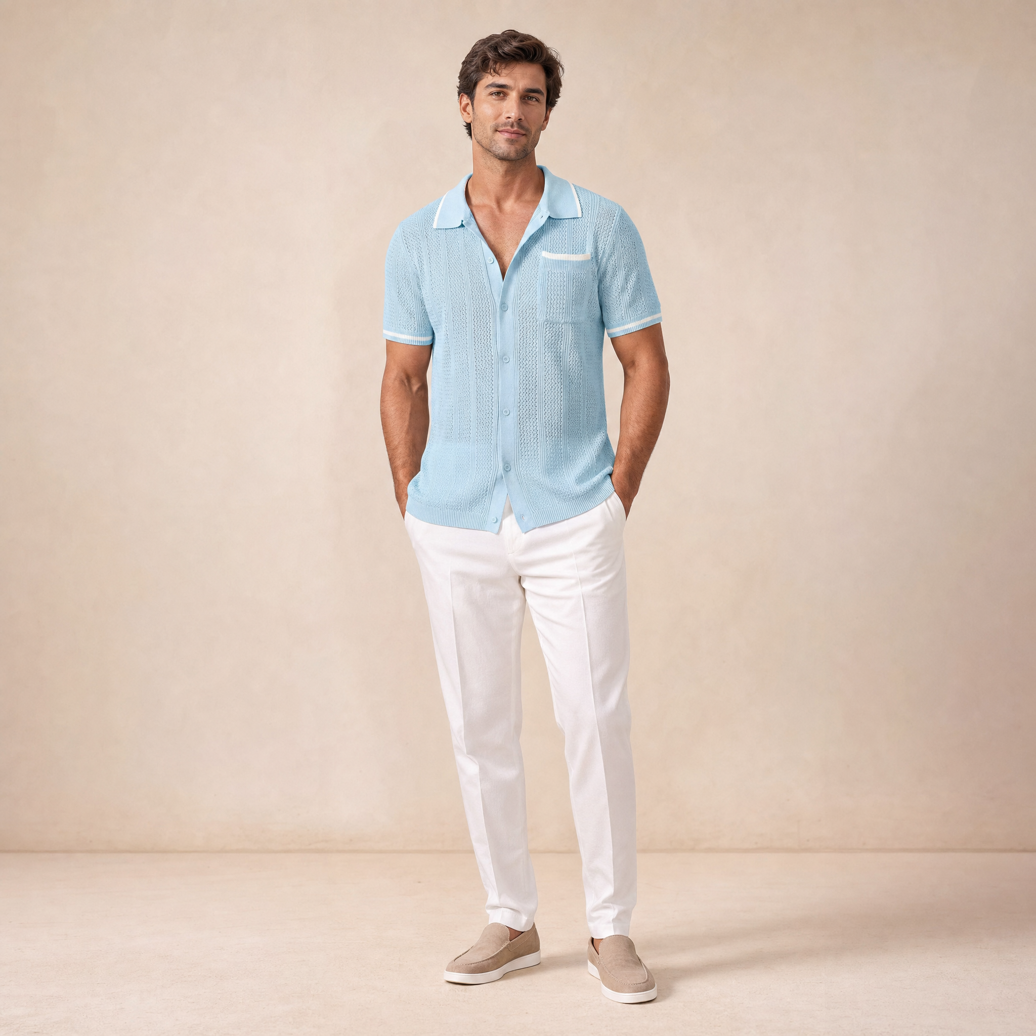 Men's Short-Sleeve Shirt | Openwork Camp-Collar Design