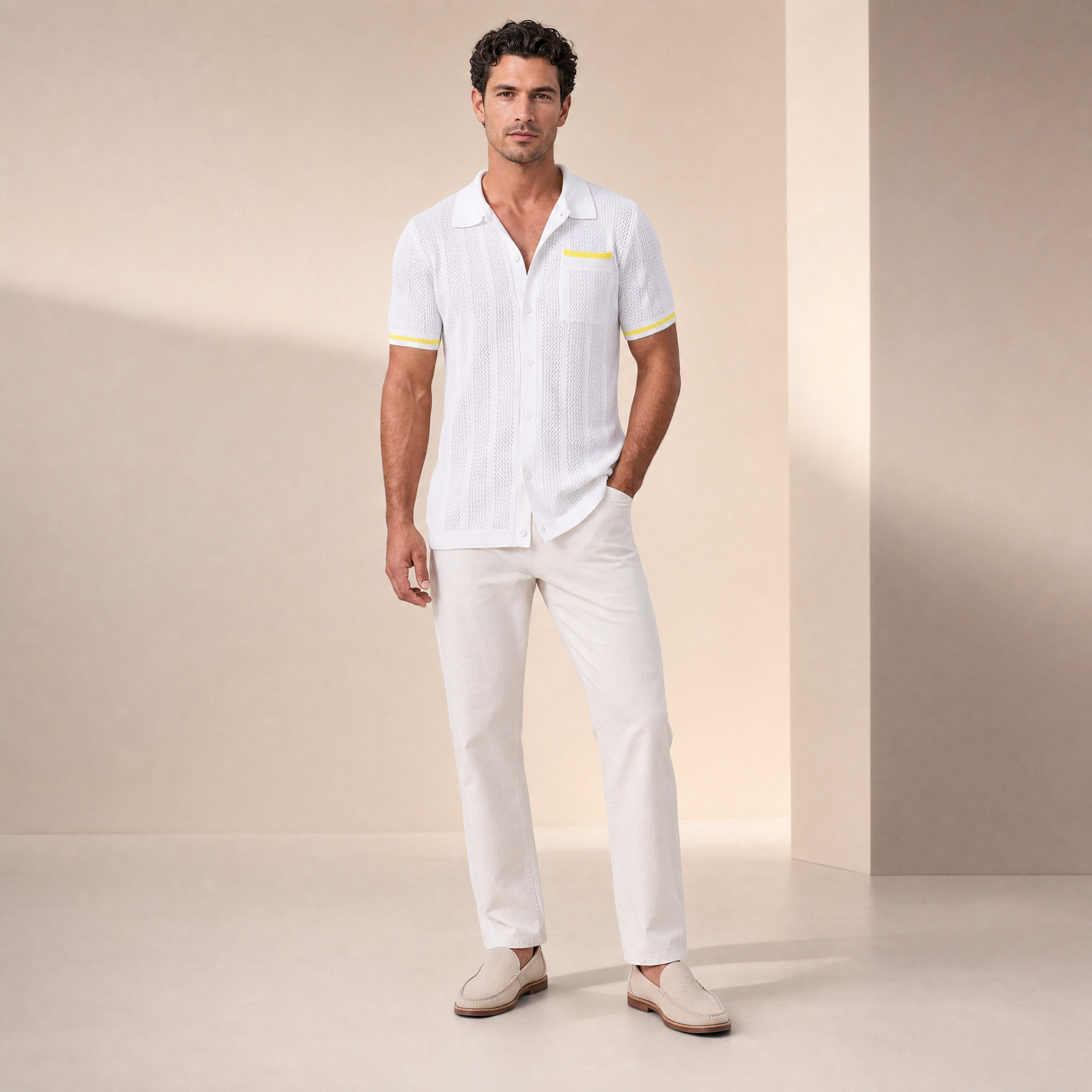 Men's Short-Sleeve Shirt | Openwork Camp-Collar Design