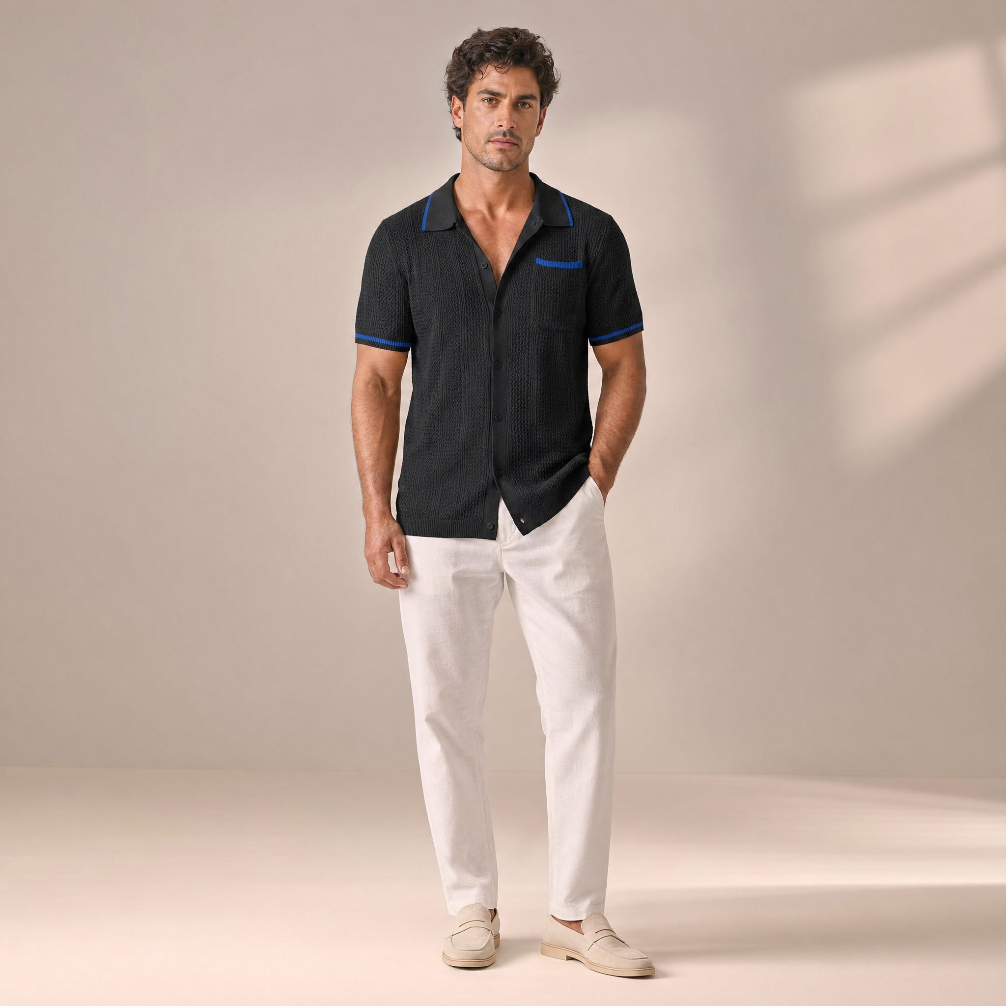 Men's Short-Sleeve Shirt | Openwork Camp-Collar Design