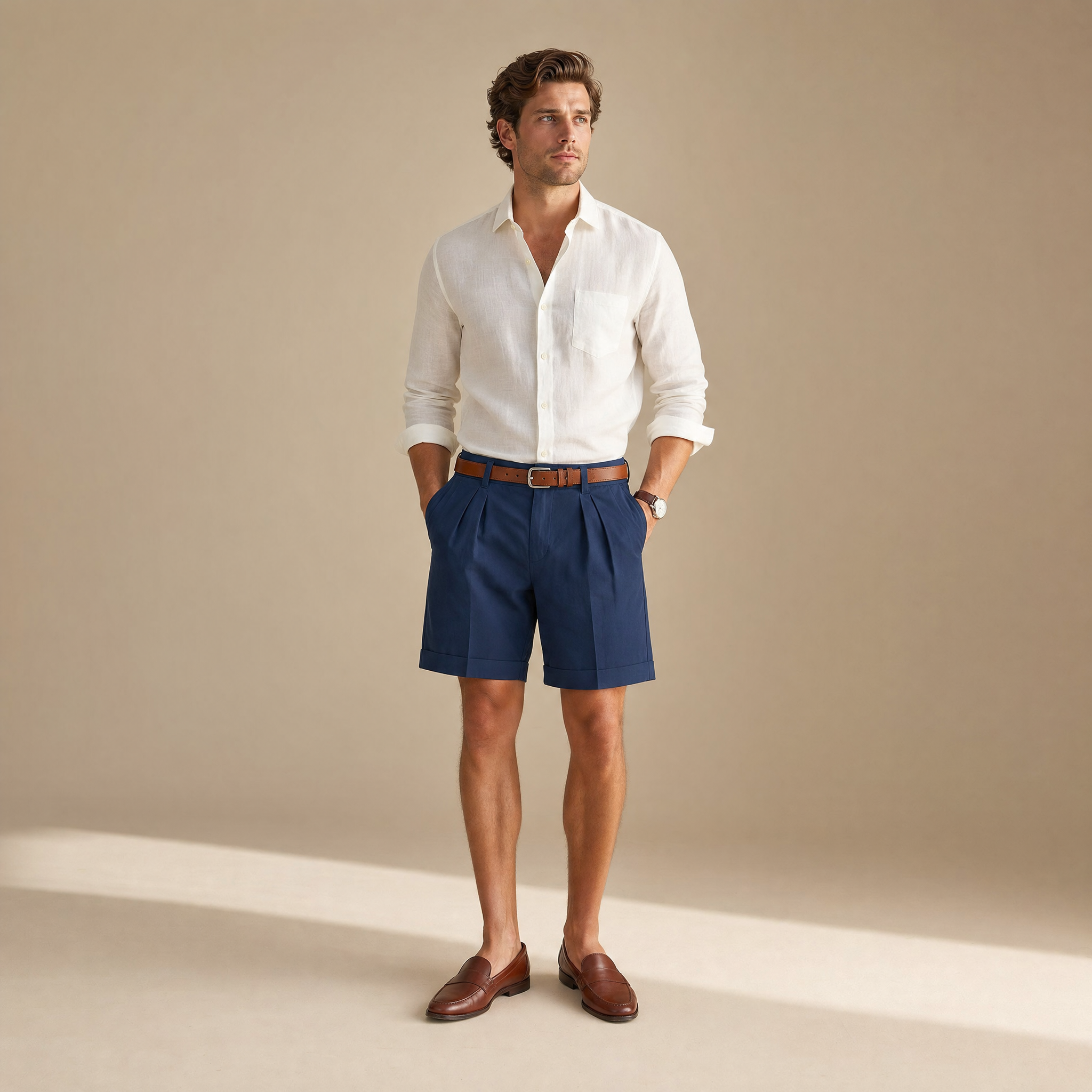 Men's Chino Shorts | Double-Pleat with Leather Belt