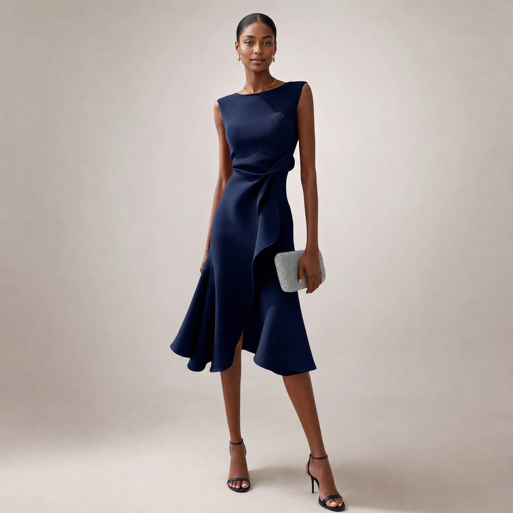 Elegant Midi Dress | Satin Midi Dress with Asymmetric Draped Design | Flattering Sleeveless Cut for Any Occasion