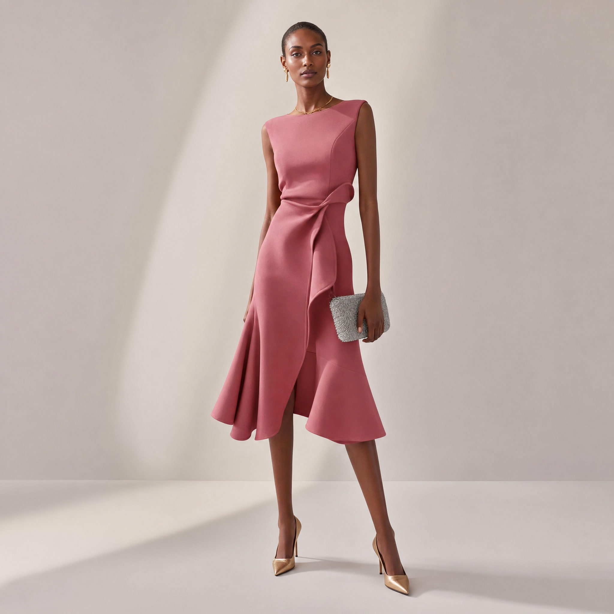 Elegant Midi Dress | Satin Midi Dress with Asymmetric Draped Design | Flattering Sleeveless Cut for Any Occasion