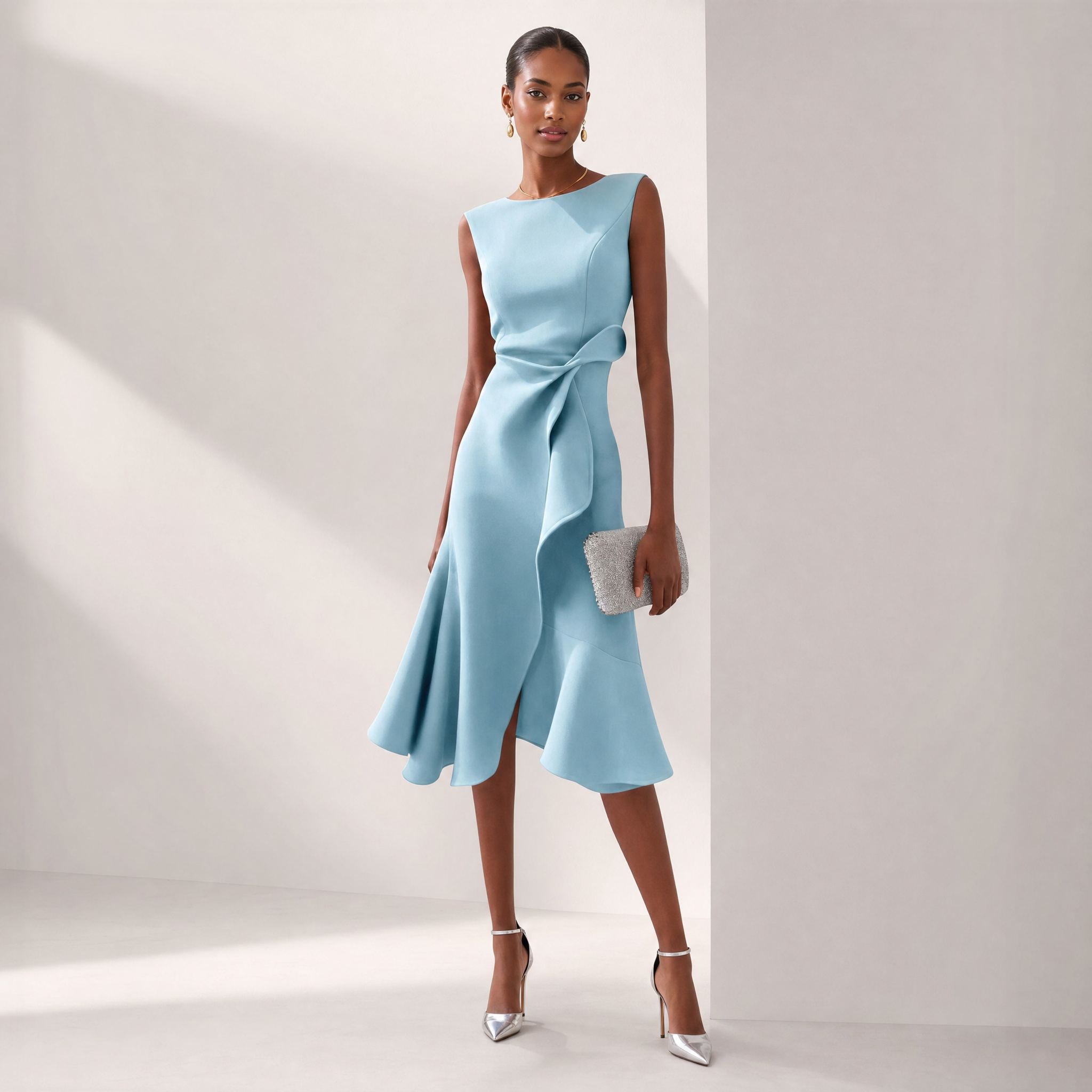 Elegant Midi Dress | Satin Midi Dress with Asymmetric Draped Design | Flattering Sleeveless Cut for Any Occasion