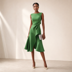 Elegant Midi Dress | Satin Midi Dress with Asymmetric Draped Design | Flattering Sleeveless Cut for Any Occasion