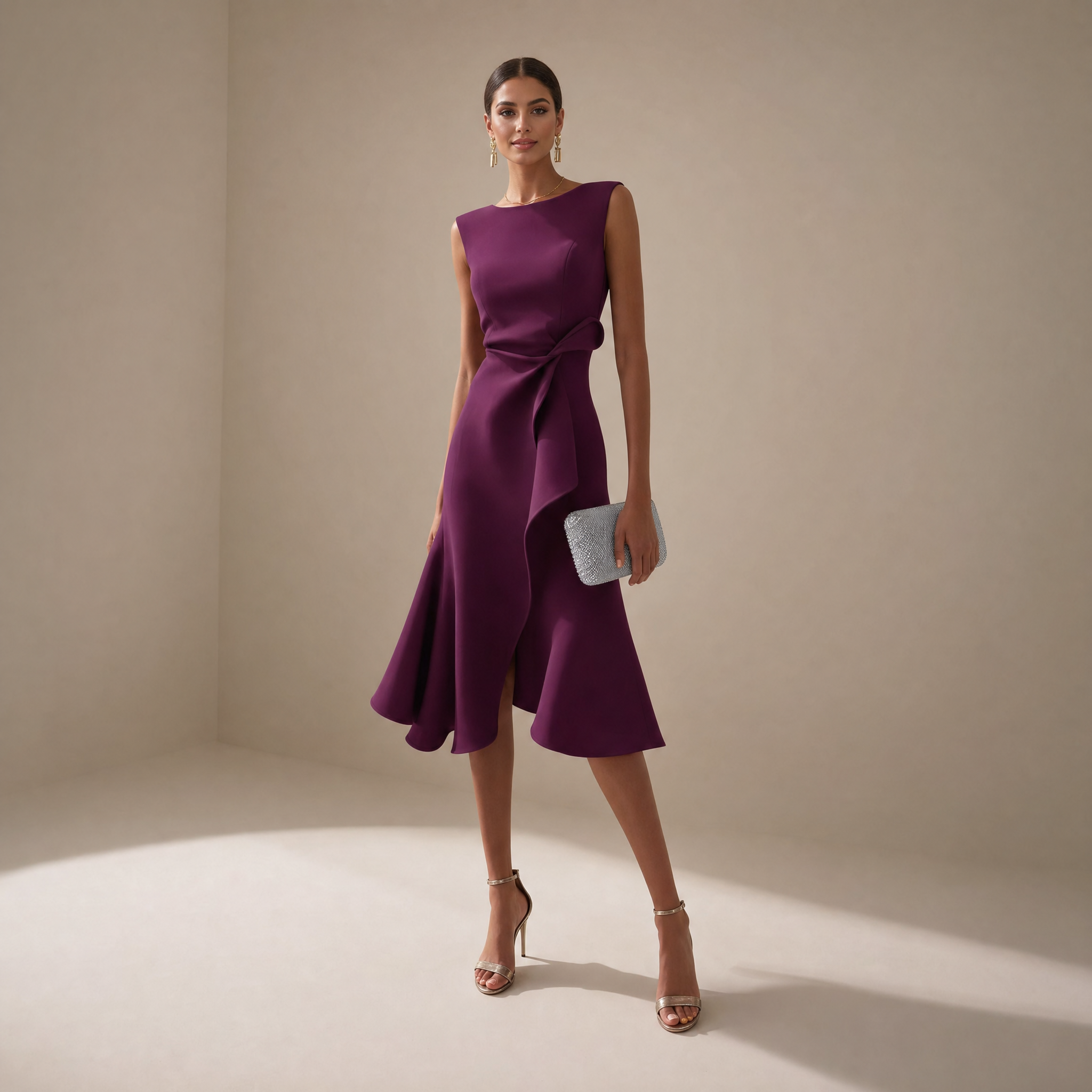 Elegant Midi Dress | Satin Midi Dress with Asymmetric Draped Design | Flattering Sleeveless Cut for Any Occasion