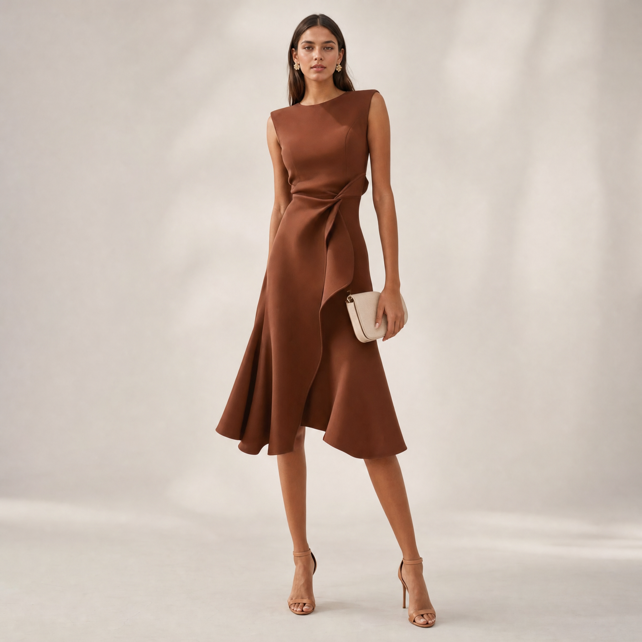 Elegant Midi Dress | Satin Midi Dress with Asymmetric Draped Design | Flattering Sleeveless Cut for Any Occasion