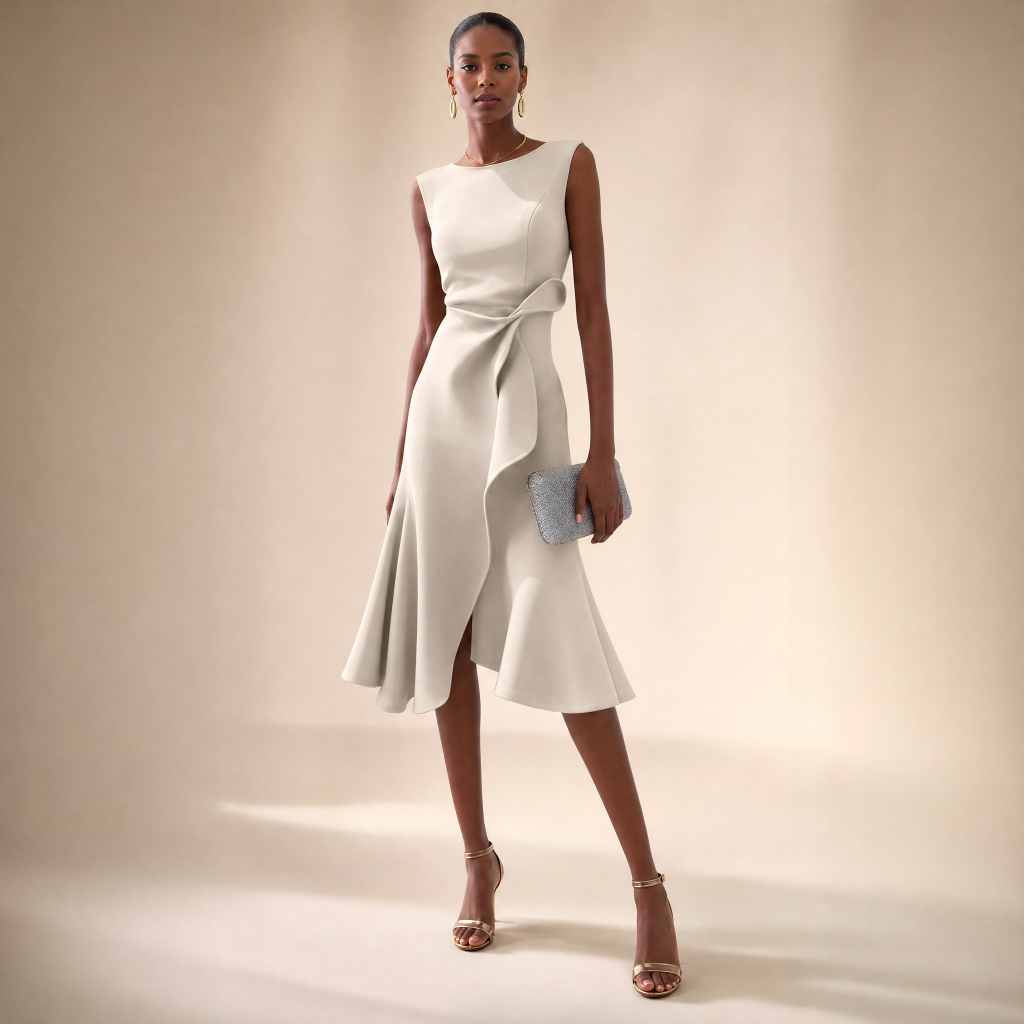 Elegant Midi Dress | Satin Midi Dress with Asymmetric Draped Design | Flattering Sleeveless Cut for Any Occasion