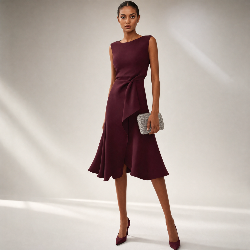 Elegant Midi Dress | Satin Midi Dress with Asymmetric Draped Design | Flattering Sleeveless Cut for Any Occasion