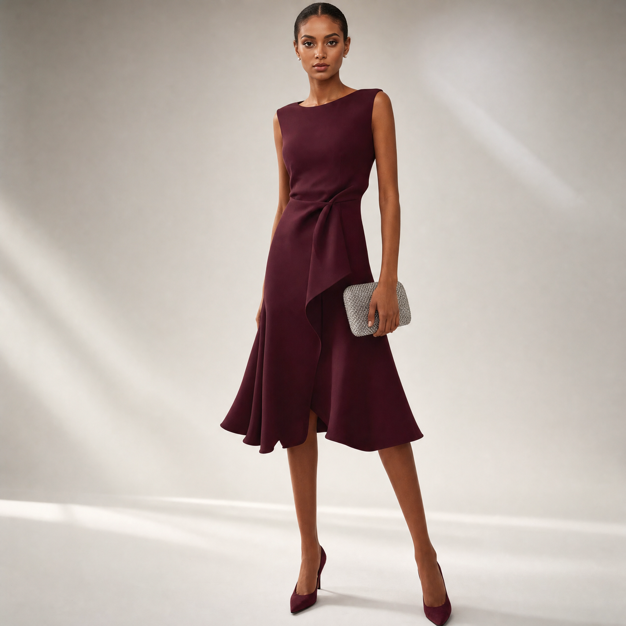 Elegant Midi Dress | Satin Midi Dress with Asymmetric Draped Design | Flattering Sleeveless Cut for Any Occasion