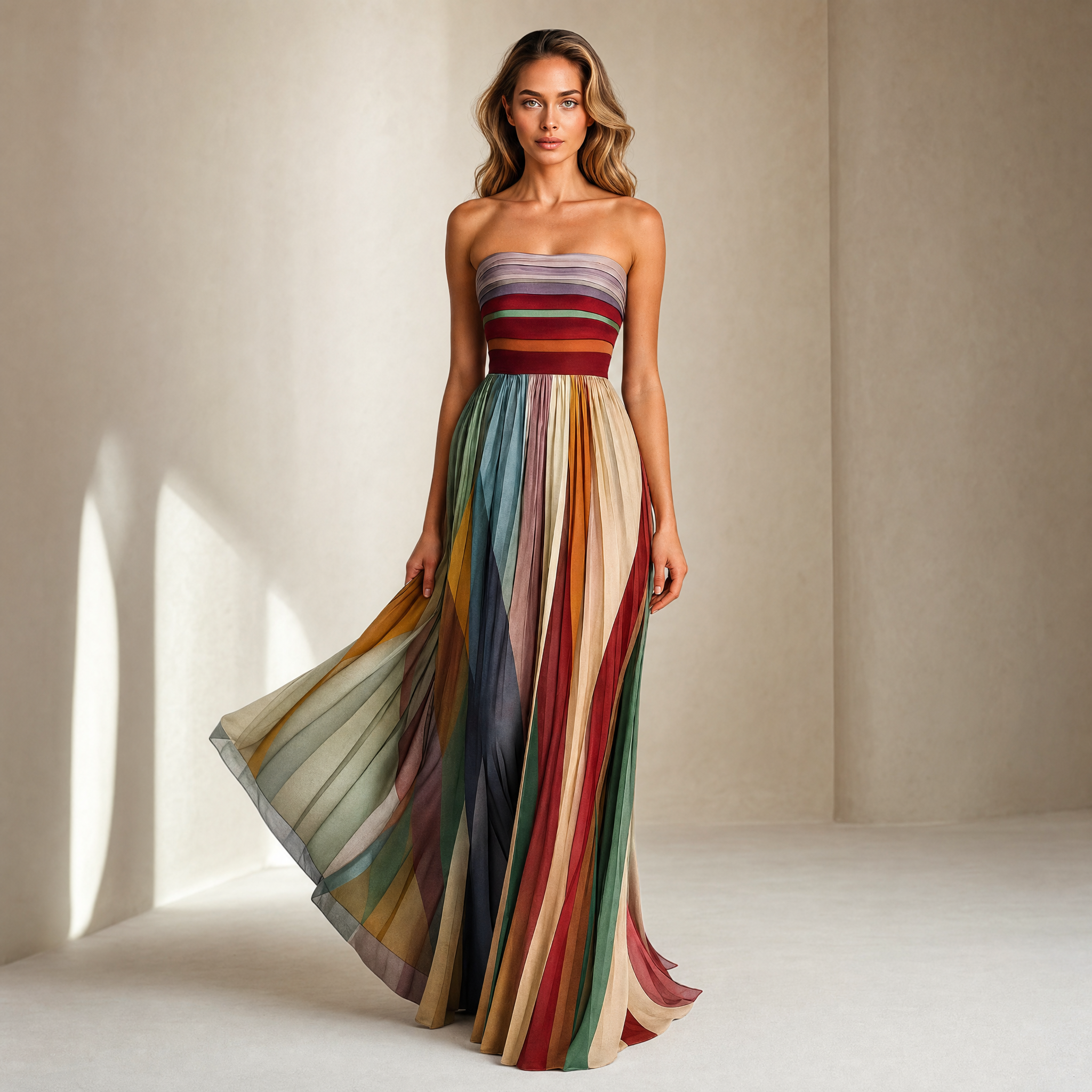 Judith™ | Women's Strapless Maxi Dress with Colorful Pleats | Elegant Summer Style for Comfort and Versatility