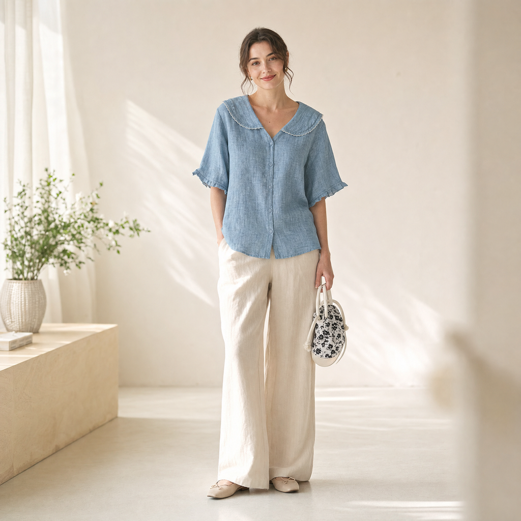 Kristi | Women's White Blouse with Scalloped Collar & Relaxed Fit for Effortless Elegance