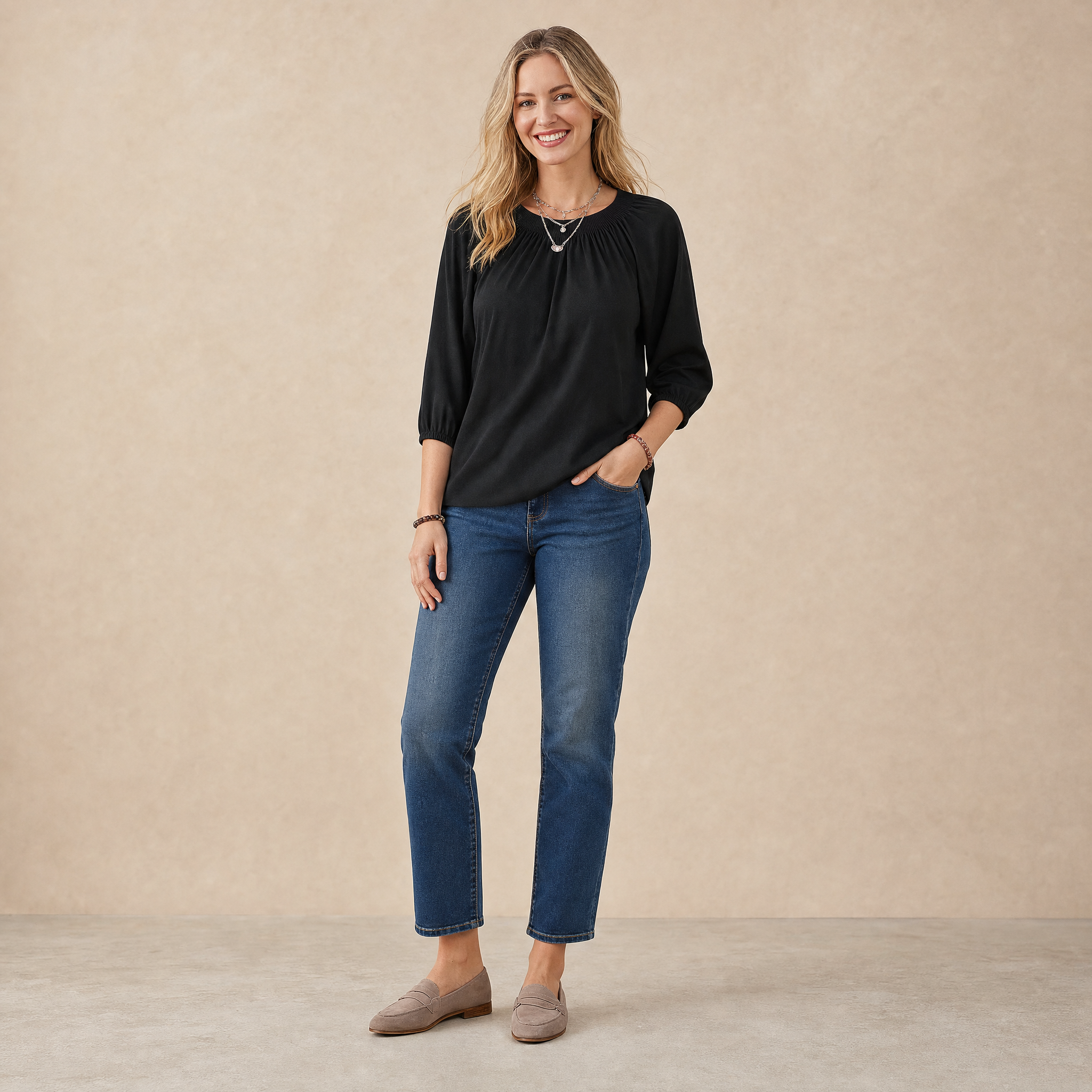 Women's Ruffle Neck Blouse – 3/4 Sleeve Elegant Top