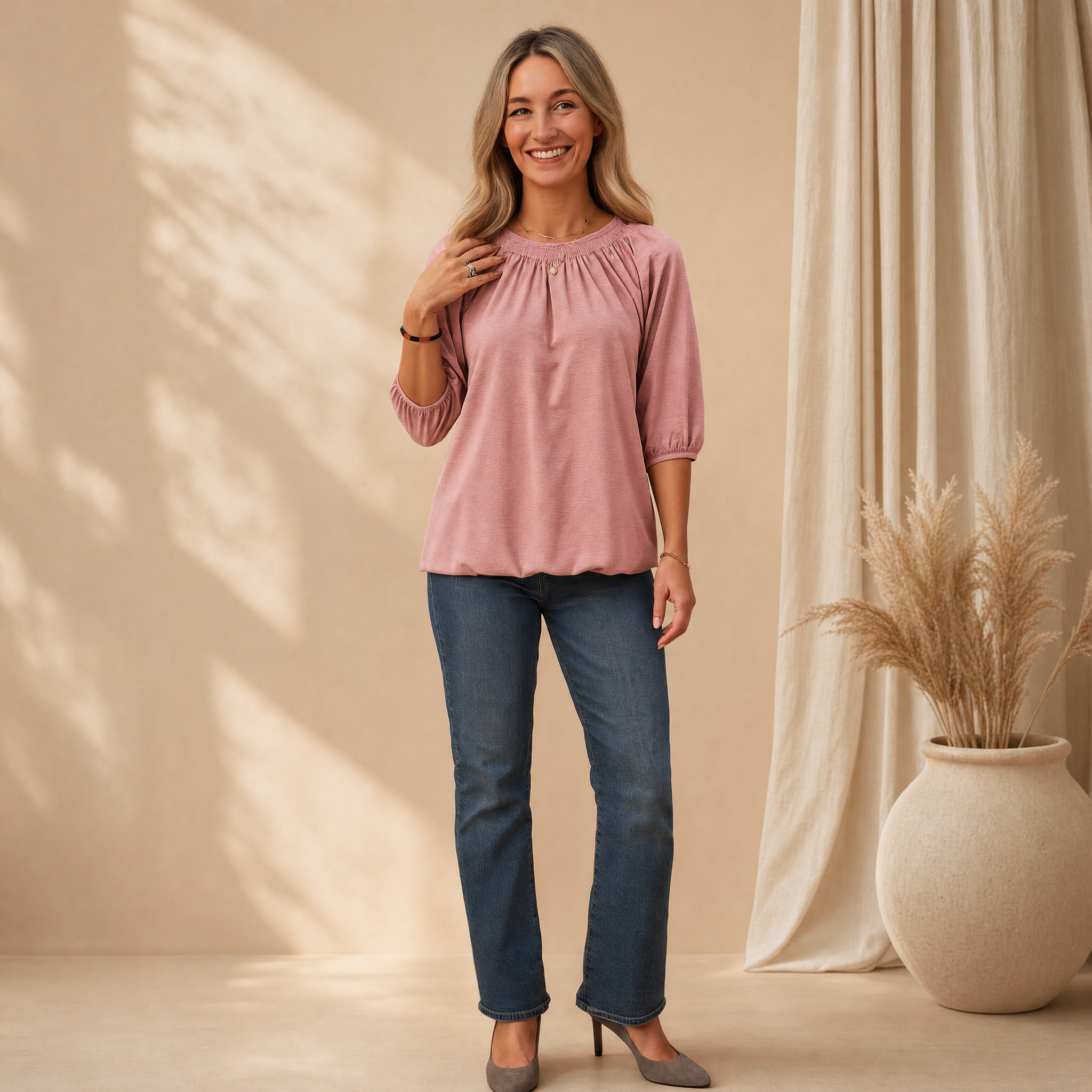 Women's Ruffle Neck Blouse – 3/4 Sleeve Elegant Top